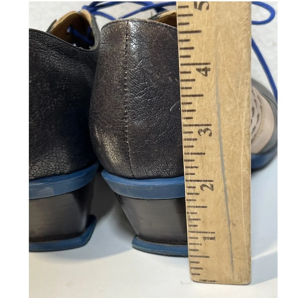 John Fluevog Leather Lace Up Oxford Heels Brown Tan Blue Size 8.5 Portugal